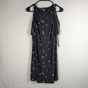 American Living 8 Black Floral Cold Shoulder Midi Dress Lined Stretch Cold